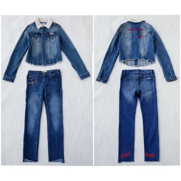 GIRL'S HUDSON 2-PIECE "BESTFRIEND BIG REBEL HEART" STRETCH JEANS + JACKET Sz 10 - Picture 1 of 12
